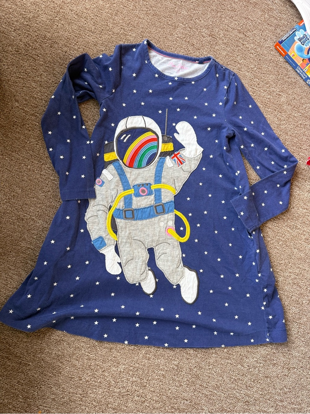 Mini Boden Navy Long-Sleeve Dress with Astronaut & Rainbow Helmet
